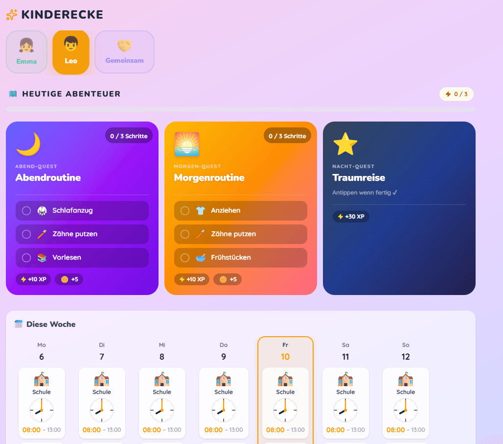 Zusammenhalt Dashboard Vorschau — Kinderecke mit Routinen und Abenteuerkarten